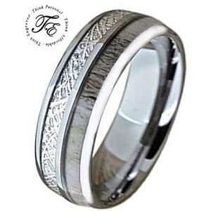 Personalized Men's Real Silver Tungsten Wedding Ring Meteor & Deer Antler Inlay